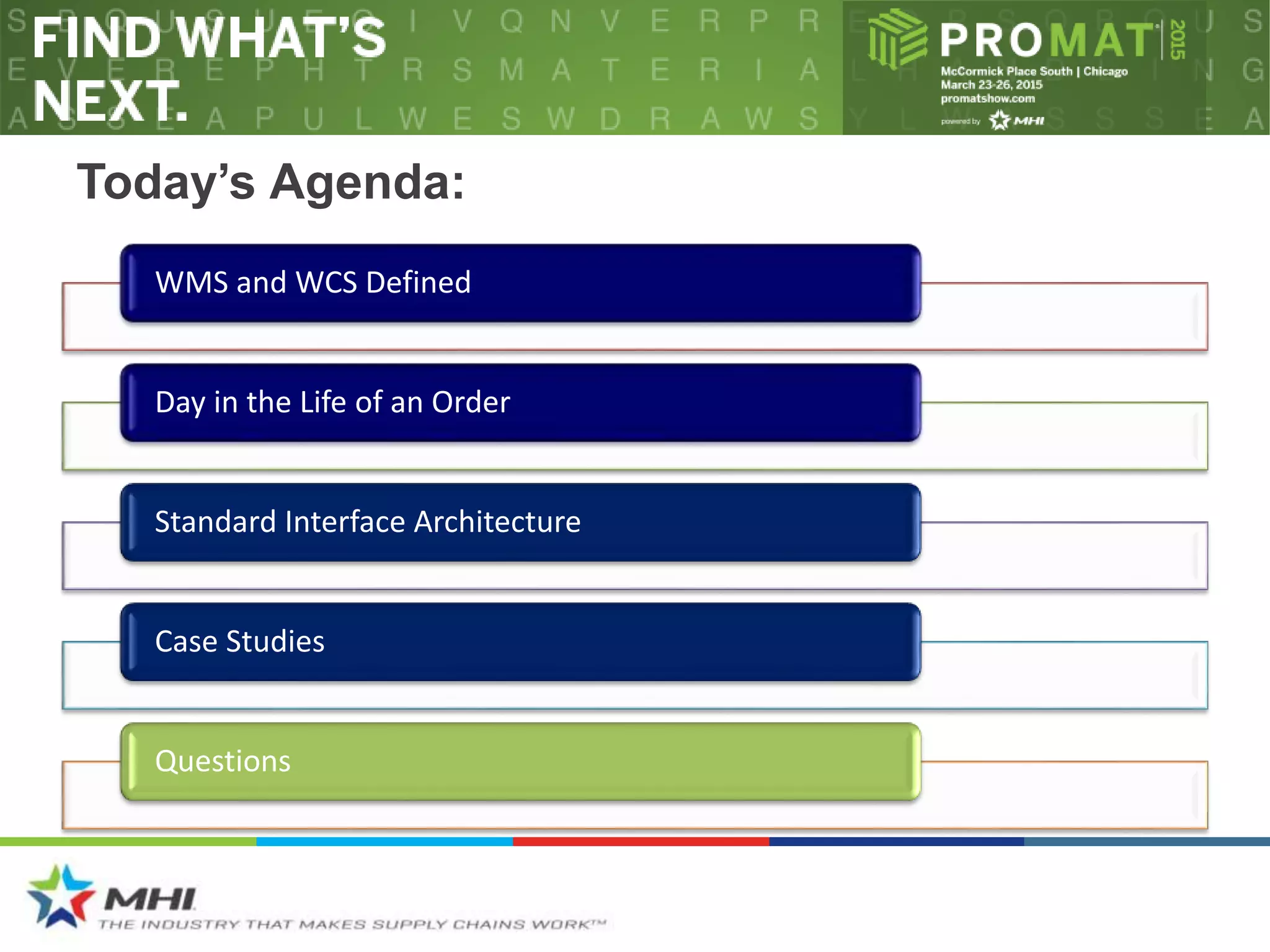 Today’s Agenda:
WMS and WCS Defined
Day in the Life of an Order
Standard Interface Architecture
Case Studies
Questions
 