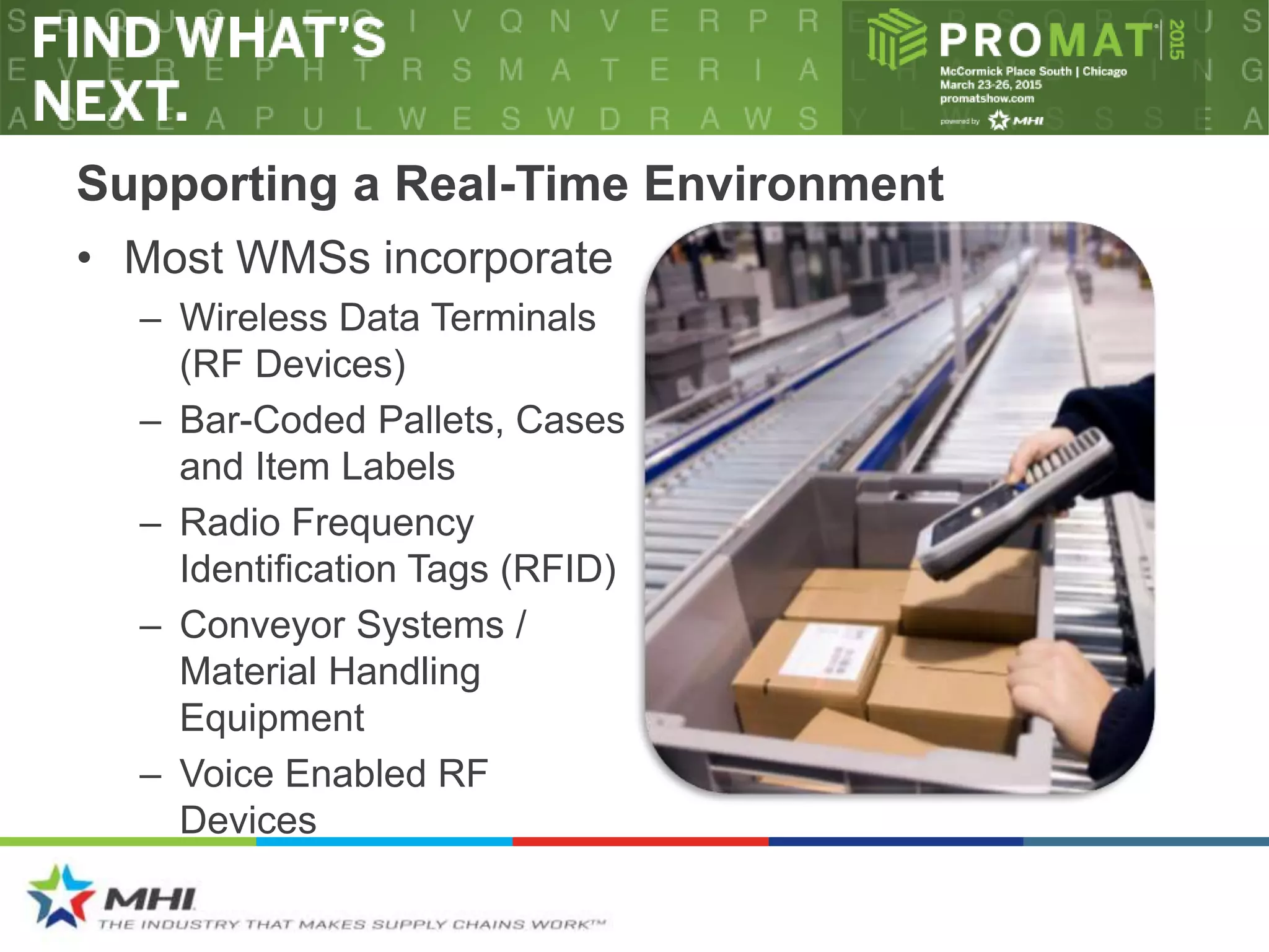 Supporting a Real-Time Environment
• Most WMSs incorporate
– Wireless Data Terminals
(RF Devices)
– Bar-Coded Pallets, Cases
and Item Labels
– Radio Frequency
Identification Tags (RFID)
– Conveyor Systems /
Material Handling
Equipment
– Voice Enabled RF
Devices
 