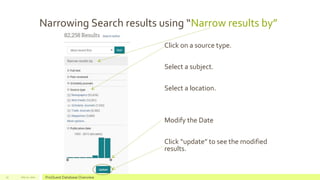 Narrowing Search results using “Narrow results by”
July 22, 2012 ProQuest Database Overview13
Click on a source type.
Select a subject.
Select a location.
Modify the Date
Click “update” to see the modified
results.
 