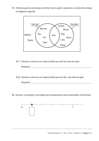 TI de Matemática | 2.º Ano | 2015 – Caderno 2 • Página 2/ 5
11.  A Elsa perguntou aos amigos se tinham cão ou gato e organizou os nomes dos amigos
no diagrama seguinte.
Tem cão Tem gato
Beatriz
Pedro
Mónica
Rui
Ivo
Sara
Ana
Carlos
Bruno
Rita
Nuno
Lara
Fábio
11.1.  Escreve o nome de um amigo da Elsa que não tem cão nem gato.
Resposta: __________________________________________________________________________
11.2.  Escreve o nome de um amigo da Elsa que tem cão, mas não tem gato.
Resposta: __________________________________________________________________________
12.  Escreve, na etiqueta, uma fração que corresponda ao ponto assinalado na semirreta.
0 1
 