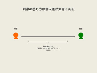 刺激の感じ方は個人差が大きくある
敏感 鈍感
敏感度合いを
「敏感さ（センシティビティ）」
と呼ぶ
 
