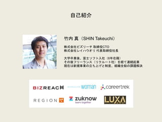 自己紹介
竹内 真（SHIN Takeuchi）
株式会社ビズリーチ 取締役CTO
株式会社レイハウオリ 代表取締役社長
大学卒業後、富士ソフト入社（6年在籍）
その後フリーランス（リクルート社）を経て連続起業
現在は新規事業の立ち上げと制度、組織全般の課題解決
 