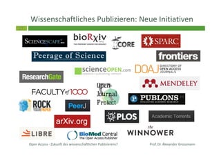 27
Open Access - Zukunft des wissenschaftlichen Publizierens?
Wissenschaftliches Publizieren: Neue Initiativen
Prof. Dr. Alexander Grossmann
 