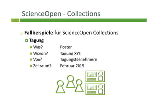 58
ScienceOpen - Collections
Fallbeispiele für ScienceOpen Collections
Tagung
Was? Poster
Wovon? Tagung XYZ
Von? Tagungsteilnehmern
Zeitraum? Februar 2015
 