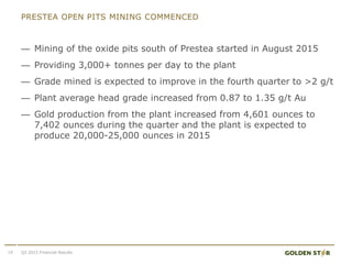 PRESTEA OPEN PITS MINING COMMENCED
10
— Mining of the oxide pits south of Prestea started in August 2015
— Providing 3,000+ tonnes per day to the plant
— Grade mined is expected to improve in the fourth quarter to >2 g/t
— Plant average head grade increased from 0.87 to 1.35 g/t Au
— Gold production from the plant increased from 4,601 ounces to
7,402 ounces during the quarter and the plant is expected to
produce 20,000-25,000 ounces in 2015
Q3 2015 Financial Results
 