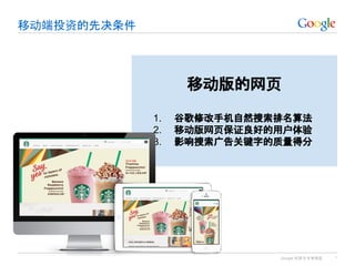 Google 机密与专有信息
移动端投资的先决条件
*
移动版的网页
1. 谷歌修改手机自然搜索排名算法
2. 移动版网页保证良好的用户体验
3. 影响搜索广告关键字的质量得分
 