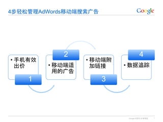 Google 机密与专有信息
4步轻松管理AdWords移动端搜索广告
*
• 手机有效
出价
1
• 移动端适
用的广告
2
• 移动端附
加链接
3
• 数据追踪
4
 