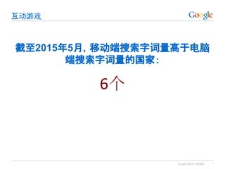 Google 机密与专有信息
互动游戏
*
截至2015年5月，移动端搜索字词量高于电脑
端搜索字词量的国家：
6个
 