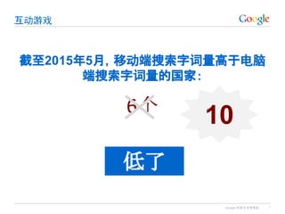 Google 机密与专有信息
互动游戏
*
截至2015年5月，移动端搜索字词量高于电脑
端搜索字词量的国家：
6个
低了
10
 