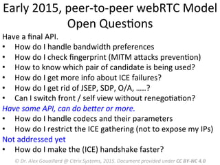 Early	
  2015,	
  peer-­‐to-­‐peer	
  webRTC	
  Model	
  
Open	
  QuesMons	
  
Have	
  a	
  ﬁnal	
  API.	
  
•  How	
  do	
  I	
  handle	
  bandwidth	
  preferences	
  
•  How	
  do	
  I	
  check	
  ﬁngerprint	
  (MITM	
  aRacks	
  prevenMon)	
  
•  How	
  to	
  know	
  which	
  pair	
  of	
  candidate	
  is	
  being	
  used?	
  
•  How	
  do	
  I	
  get	
  more	
  info	
  about	
  ICE	
  failures?	
  
•  How	
  do	
  I	
  get	
  rid	
  of	
  JSEP,	
  SDP,	
  O/A,	
  …..?	
  
•  Can	
  I	
  switch	
  front	
  /	
  self	
  view	
  without	
  renegoMaMon?	
  
Have	
  some	
  API,	
  can	
  do	
  beLer	
  or	
  more.	
  
•  How	
  do	
  I	
  handle	
  codecs	
  and	
  their	
  parameters	
  
•  How	
  do	
  I	
  restrict	
  the	
  ICE	
  gathering	
  (not	
  to	
  expose	
  my	
  IPs)	
  
Not	
  addressed	
  yet	
  
•  How	
  do	
  I	
  make	
  the	
  (ICE)	
  handshake	
  faster?	
  
©	
  Dr.	
  Alex	
  Gouaillard	
  @	
  Citrix	
  Systems,	
  2015.	
  Document	
  provided	
  under	
  CC	
  BY-­‐NC	
  4.0	
  
 