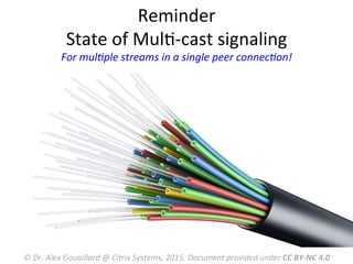 Reminder	
  
State	
  of	
  MulM-­‐cast	
  signaling	
  
For	
  mulFple	
  streams	
  in	
  a	
  single	
  peer	
  connecFon!	
  
©	
  Dr.	
  Alex	
  Gouaillard	
  @	
  Citrix	
  Systems,	
  2015.	
  Document	
  provided	
  under	
  CC	
  BY-­‐NC	
  4.0	
  
 