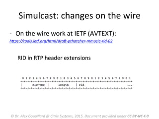 Simulcast:	
  changes	
  on	
  the	
  wire	
  
-­‐  On	
  the	
  wire	
  work	
  at	
  IETF	
  (AVTEXT):	
  
hLps://tools.ieV.org/html/draW-­‐pthatcher-­‐mmusic-­‐rid-­‐02	
  
	
  
RID	
  in	
  RTP	
  header	
  extensions	
  
	
  
©	
  Dr.	
  Alex	
  Gouaillard	
  @	
  Citrix	
  Systems,	
  2015.	
  Document	
  provided	
  under	
  CC	
  BY-­‐NC	
  4.0	
  
 