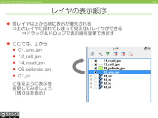 1022015/07/04 FOSS4G 2015 Hokkaido
レイヤの表示順序
 各レイヤは上から順に表示が優先される
⇒上のレイヤに隠れてしまって見えないレイヤができる
⇒ドラッグ＆ドロップで表示順を変更できます
 ここでは、上から
 01_airp_jpn
 12_raill_jpn
 14_roadl_jpn
 09_polbnda_jpn
 01_el
となるように表示を
変更してみましょう
（残りは非表示）
 