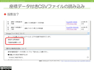 1462015/07/04 FOSS4G 2015 Hokkaido
 投影法？
室蘭市／むろらんオープンデータライブラリ - http://www.city.muroran.lg.jp/main/org2260/odlib.php
座標データ付きCSVファイルの読み込み
 