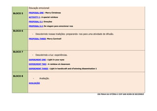 BLOCO 5
Educação emocional:
PROPOSAL ONE : Merry Christmas
ACTIVITY 2 : A special rainbow
PROPOSAL 5.1: Emoções
PROPOSAL 5.2: De viagem para emocionar-nos
BLOCO 6
- Descobrindo nossas tradições: preparando- nos para uma atividade de difusão.
PROPOSAL THREE: Merry Carnival!
BLOCO 7
- Descobrindo a luz: experiências.
EXPERIMENT ONE : Light in your eyes
EXPERIMENT TWO : A rainbow at classroom
EXPERIMENT THREE : Light in handicraft and eTwinning dissemination 1
BLOCO 8
- Avaliação.
AVALIAÇÃO
EBI PRAIA DA VITÓRIA E CEIP SAN XOÁN DE BECERREÁ
 
