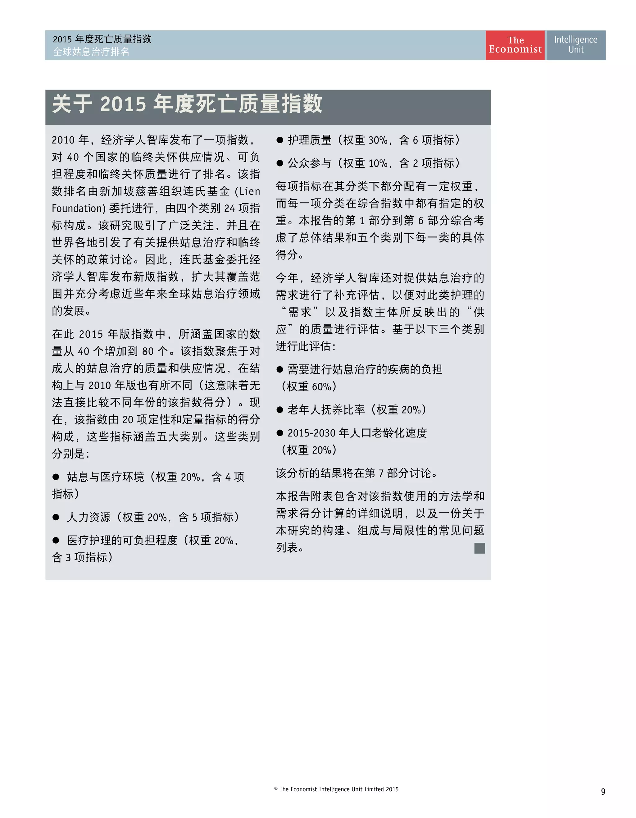 9© The Economist Intelligence Unit Limited 2015
2015 年度死亡质量指数
全球姑息治疗排名
l	护理质量（权重 30%，含 6 项指标）
l	公众参与（权重 10%，含 2 项指标）
每项指标在其分类下都分配有一定权重，
而每一项分类在综合指数中都有指定的权
重。本报告的第 1 部分到第 6 部分综合考
虑了总体结果和五个类别下每一类的具体
得分。
今年，经济学人智库还对提供姑息治疗的
需求进行了补充评估，以便对此类护理的
“需求”以及指数主体所反映出的“供
应”的质量进行评估。基于以下三个类别
进行此评估：
l	需要进行姑息治疗的疾病的负担 
（权重 60%）
l	老年人抚养比率（权重 20%）
l	2015-2030 年人口老龄化速度 
（权重 20%）
该分析的结果将在第 7 部分讨论。
本报告附表包含对该指数使用的方法学和
需求得分计算的详细说明，以及一份关于
本研究的构建、组成与局限性的常见问题
列表。
2010 年，经济学人智库发布了一项指数，
对 40 个国家的临终关怀供应情况、可负
担程度和临终关怀质量进行了排名。该指
数排名由新加坡慈善组织连氏基金 (Lien
Foundation) 委托进行，由四个类别 24 项指
标构成。该研究吸引了广泛关注，并且在
世界各地引发了有关提供姑息治疗和临终
关怀的政策讨论。因此，连氏基金委托经
济学人智库发布新版指数，扩大其覆盖范
围并充分考虑近些年来全球姑息治疗领域
的发展。
在此 2015 年版指数中，所涵盖国家的数
量从 40 个增加到 80 个。该指数聚焦于对
成人的姑息治疗的质量和供应情况，在结
构上与 2010 年版也有所不同（这意味着无
法直接比较不同年份的该指数得分）。现
在，该指数由 20 项定性和定量指标的得分
构成，这些指标涵盖五大类别。这些类别
分别是：
l	 姑息与医疗环境（权重 20%，含 4 项 
指标）
l	 人力资源（权重 20%，含 5 项指标）
l	 医疗护理的可负担程度（权重 20%， 
含 3 项指标）
关于 2015 年度死亡质量指数
 