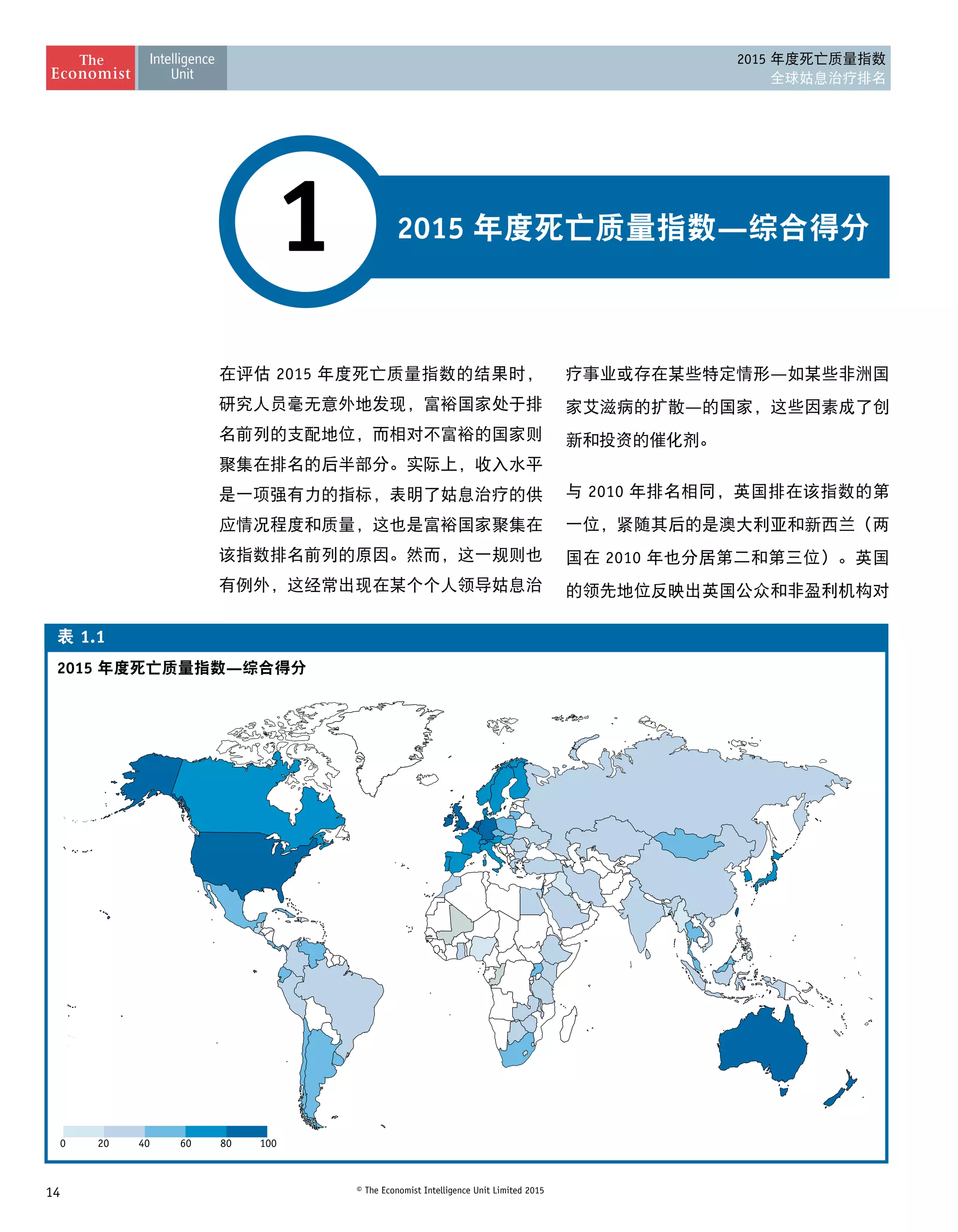 14 © The Economist Intelligence Unit Limited 2015
2015 年度死亡质量指数
全球姑息治疗排名
2015 年度死亡质量指数—综合得分1
在评估 2015 年度死亡质量指数的结果时，
研究人员毫无意外地发现，富裕国家处于排
名前列的支配地位，而相对不富裕的国家则
聚集在排名的后半部分。实际上，收入水平
是一项强有力的指标，表明了姑息治疗的供
应情况程度和质量，这也是富裕国家聚集在
该指数排名前列的原因。然而，这一规则也
有例外，这经常出现在某个个人领导姑息治
疗事业或存在某些特定情形—如某些非洲国
家艾滋病的扩散—的国家，这些因素成了创
新和投资的催化剂。
与 2010 年排名相同，英国排在该指数的第
一位，紧随其后的是澳大利亚和新西兰（两
国在 2010 年也分居第二和第三位）。英国
的领先地位反映出英国公众和非盈利机构对
2015 —
1.1
0 20 40 60 80 100
 