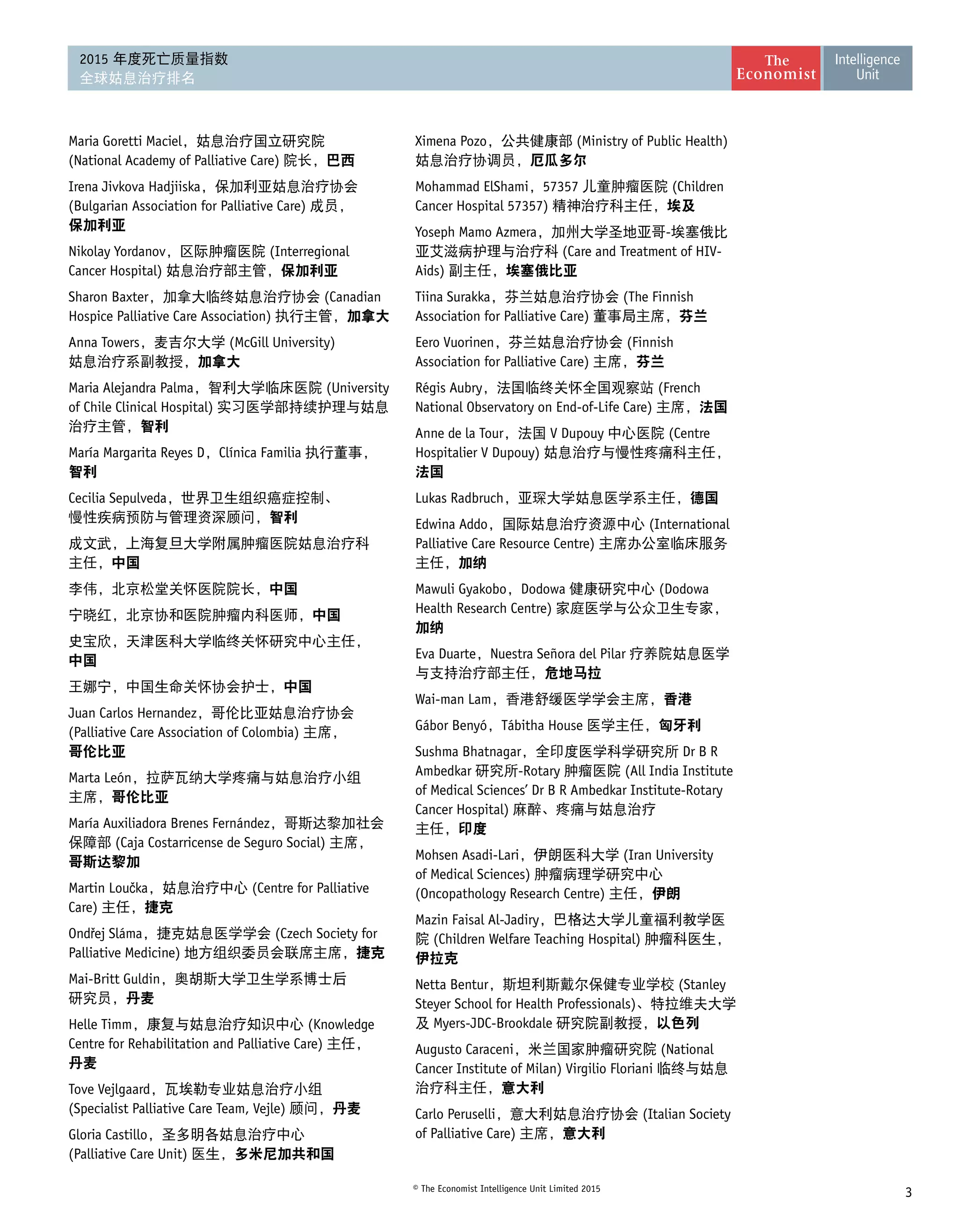 3© The Economist Intelligence Unit Limited 2015
2015 年度死亡质量指数
全球姑息治疗排名
Maria Goretti Maciel，姑息治疗国立研究院
(National Academy of Palliative Care) 院长，巴西
Irena Jivkova Hadjiiska，保加利亚姑息治疗协会
(Bulgarian Association for Palliative Care) 成员， 
保加利亚
Nikolay Yordanov，区际肿瘤医院 (Interregional
Cancer Hospital) 姑息治疗部主管，保加利亚
Sharon Baxter，加拿大临终姑息治疗协会 (Canadian
Hospice Palliative Care Association) 执行主管，加拿大
Anna Towers，麦吉尔大学 (McGill University)
姑息治疗系副教授，加拿大
Maria Alejandra Palma，智利大学临床医院 (University
of Chile Clinical Hospital) 实习医学部持续护理与姑息
治疗主管，智利
María Margarita Reyes D，Clínica Familia 执行董事， 
智利
Cecilia Sepulveda，世界卫生组织癌症控制、 
慢性疾病预防与管理资深顾问，智利
成文武，上海复旦大学附属肿瘤医院姑息治疗科 
主任，中国
李伟，北京松堂关怀医院院长，中国
宁晓红，北京协和医院肿瘤内科医师，中国
史宝欣，天津医科大学临终关怀研究中心主任， 
中国
王娜宁，中国生命关怀协会护士，中国
Juan Carlos Hernandez，哥伦比亚姑息治疗协会
(Palliative Care Association of Colombia) 主席， 
哥伦比亚
Marta León，拉萨瓦纳大学疼痛与姑息治疗小组 
主席，哥伦比亚
María Auxiliadora Brenes Fernández，哥斯达黎加社会
保障部 (Caja Costarricense de Seguro Social) 主席， 
哥斯达黎加
Martin Loučka，姑息治疗中心 (Centre for Palliative
Care) 主任，捷克
Ondřej Sláma，捷克姑息医学学会 (Czech Society for
Palliative Medicine) 地方组织委员会联席主席，捷克
Mai-Britt Guldin，奥胡斯大学卫生学系博士后 
研究员，丹麦
Helle Timm，康复与姑息治疗知识中心 (Knowledge
Centre for Rehabilitation and Palliative Care) 主任， 
丹麦
Tove Vejlgaard，瓦埃勒专业姑息治疗小组
(Specialist Palliative Care Team, Vejle) 顾问，丹麦
Gloria Castillo，圣多明各姑息治疗中心
(Palliative Care Unit) 医生，多米尼加共和国
Ximena Pozo，公共健康部 (Ministry of Public Health)
姑息治疗协调员，厄瓜多尔
Mohammad ElShami，57357 儿童肿瘤医院 (Children
Cancer Hospital 57357) 精神治疗科主任，埃及
Yoseph Mamo Azmera，加州大学圣地亚哥-埃塞俄比
亚艾滋病护理与治疗科 (Care and Treatment of HIV-
Aids) 副主任，埃塞俄比亚
Tiina Surakka，芬兰姑息治疗协会 (The Finnish
Association for Palliative Care) 董事局主席，芬兰
Eero Vuorinen，芬兰姑息治疗协会 (Finnish
Association for Palliative Care) 主席，芬兰
Régis Aubry，法国临终关怀全国观察站 (French
National Observatory on End-of-Life Care) 主席，法国
Anne de la Tour，法国 V Dupouy 中心医院 (Centre
Hospitalier V Dupouy) 姑息治疗与慢性疼痛科主任，
法国
Lukas Radbruch，亚琛大学姑息医学系主任，德国
Edwina Addo，国际姑息治疗资源中心 (International
Palliative Care Resource Centre) 主席办公室临床服务
主任，加纳
Mawuli Gyakobo，Dodowa 健康研究中心 (Dodowa
Health Research Centre) 家庭医学与公众卫生专家，
加纳
Eva Duarte，Nuestra Señora del Pilar 疗养院姑息医学
与支持治疗部主任，危地马拉
Wai-man Lam，香港舒缓医学学会主席，香港
Gábor Benyó，Tábitha House 医学主任，匈牙利
Sushma Bhatnagar，全印度医学科学研究所 Dr B R
Ambedkar 研究所-Rotary 肿瘤医院 (All India Institute
of Medical Sciences’ Dr B R Ambedkar Institute-Rotary
Cancer Hospital) 麻醉、疼痛与姑息治疗 
主任，印度
Mohsen Asadi-Lari，伊朗医科大学 (Iran University
of Medical Sciences) 肿瘤病理学研究中心
(Oncopathology Research Centre) 主任，伊朗
Mazin Faisal Al-Jadiry，巴格达大学儿童福利教学医
院 (Children Welfare Teaching Hospital) 肿瘤科医生，
伊拉克
Netta Bentur，斯坦利斯戴尔保健专业学校 (Stanley
Steyer School for Health Professionals)、特拉维夫大学
及 Myers-JDC-Brookdale 研究院副教授，以色列
Augusto Caraceni，米兰国家肿瘤研究院 (National
Cancer Institute of Milan) Virgilio Floriani 临终与姑息
治疗科主任，意大利
Carlo Peruselli，意大利姑息治疗协会 (Italian Society
of Palliative Care) 主席，意大利
 