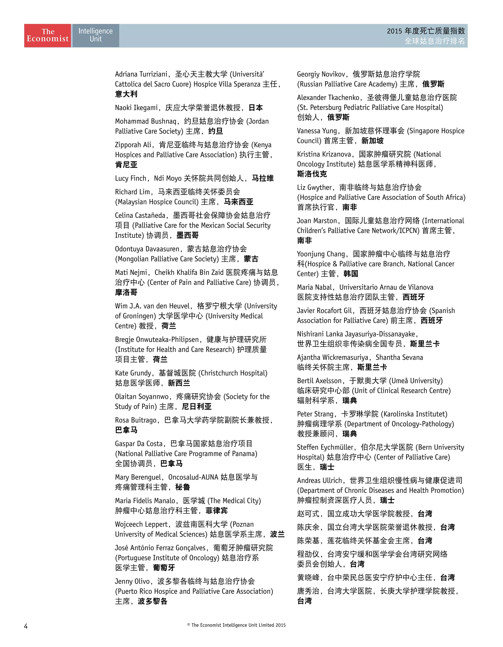 4 © The Economist Intelligence Unit Limited 2015
2015 年度死亡质量指数
全球姑息治疗排名
Adriana Turriziani，圣心天主教大学 (Università’
Cattolica del Sacro Cuore) Hospice Villa Speranza 主任，
意大利
Naoki Ikegami，庆应大学荣誉退休教授，日本
Mohammad Bushnaq，约旦姑息治疗协会 (Jordan
Palliative Care Society) 主席，约旦
Zipporah Ali，肯尼亚临终与姑息治疗协会 (Kenya
Hospices and Palliative Care Association) 执行主管， 
肯尼亚
Lucy Finch，Ndi Moyo 关怀院共同创始人，马拉维
Richard Lim，马来西亚临终关怀委员会
(Malaysian Hospice Council) 主席，马来西亚
Celina Castañeda，墨西哥社会保障协会姑息治疗
项目 (Palliative Care for the Mexican Social Security
Institute) 协调员，墨西哥
Odontuya Davaasuren，蒙古姑息治疗协会
(Mongolian Palliative Care Society) 主席，蒙古
Mati Nejmi，Cheikh Khalifa Bin Zaid 医院疼痛与姑息
治疗中心 (Center of Pain and Palliative Care) 协调员，
摩洛哥
Wim J.A. van den Heuvel，格罗宁根大学 (University
of Groningen) 大学医学中心 (University Medical
Centre) 教授，荷兰
Bregje Onwuteaka-Philipsen，健康与护理研究所
(Institute for Health and Care Research) 护理质量 
项目主管，荷兰
Kate Grundy，基督城医院 (Christchurch Hospital)
姑息医学医师，新西兰
Olaitan Soyannwo，疼痛研究协会 (Society for the
Study of Pain) 主席，尼日利亚
Rosa Buitrago，巴拿马大学药学院副院长兼教授， 
巴拿马
Gaspar Da Costa，巴拿马国家姑息治疗项目
(National Palliative Care Programme of Panama)
全国协调员，巴拿马
Mary Berenguel，Oncosalud-AUNA 姑息医学与 
疼痛管理科主管，秘鲁
Maria Fidelis Manalo，医学城 (The Medical City)
肿瘤中心姑息治疗科主管，菲律宾
Wojceech Leppert，波兹南医科大学 (Poznan
University of Medical Sciences) 姑息医学系主席，波兰
José António Ferraz Gonçalves，葡萄牙肿瘤研究院
(Portuguese Institute of Oncology) 姑息治疗系 
医学主管，葡萄牙
Jenny Olivo，波多黎各临终与姑息治疗协会
(Puerto Rico Hospice and Palliative Care Association)
主席，波多黎各
Georgiy Novikov，俄罗斯姑息治疗学院
(Russian Palliative Care Academy) 主席，俄罗斯
Alexander Tkachenko，圣彼得堡儿童姑息治疗医院
(St. Petersburg Pediatric Palliative Care Hospital)
创始人，俄罗斯
Vanessa Yung，新加坡慈怀理事会 (Singapore Hospice
Council) 首席主管，新加坡
Kristina Krizanova，国家肿瘤研究院 (National
Oncology Institute) 姑息医学系精神科医师， 
斯洛伐克
Liz Gwyther，南非临终与姑息治疗协会
(Hospice and Palliative Care Association of South Africa)
首席执行官，南非
Joan Marston，国际儿童姑息治疗网络 (International
Children’s Palliative Care Network/ICPCN) 首席主管， 
南非
Yoonjung Chang，国家肿瘤中心临终与姑息治疗
科(Hospice  Palliative care Branch, National Cancer
Center) 主管，韩国
Maria Nabal，Universitario Arnau de Vilanova
医院支持性姑息治疗团队主管，西班牙
Javier Rocafort Gil，西班牙姑息治疗协会 (Spanish
Association for Palliative Care) 前主席，西班牙
Nishirani Lanka Jayasuriya-Dissanayake， 
世界卫生组织非传染病全国专员，斯里兰卡
Ajantha Wickremasuriya，Shantha Sevana
临终关怀院主席，斯里兰卡
Bertil Axelsson，于默奥大学 (Umeå University)
临床研究中心部 (Unit of Clinical Research Centre)
辐射科学系，瑞典
Peter Strang，卡罗琳学院 (Karolinska Institutet)
肿瘤病理学系 (Department of Oncology-Pathology)
教授兼顾问，瑞典
Steffen Eychmüller，伯尔尼大学医院 (Bern University
Hospital) 姑息治疗中心 (Center of Palliative Care)
医生，瑞士
Andreas Ullrich，世界卫生组织慢性病与健康促进司
(Department of Chronic Diseases and Health Promotion)
肿瘤控制资深医疗人员，瑞士
赵可式，国立成功大学医学院教授，台湾
陈庆余，国立台湾大学医院荣誉退休教授，台湾
陈荣基，莲花临终关怀基金会主席，台湾
程劭仪，台湾安宁缓和医学学会台湾研究网络 
委员会创始人，台湾
黄晓峰，台中荣民总医安宁疗护中心主任，台湾
唐秀治，台湾大学医院，长庚大学护理学院教授，
台湾
 