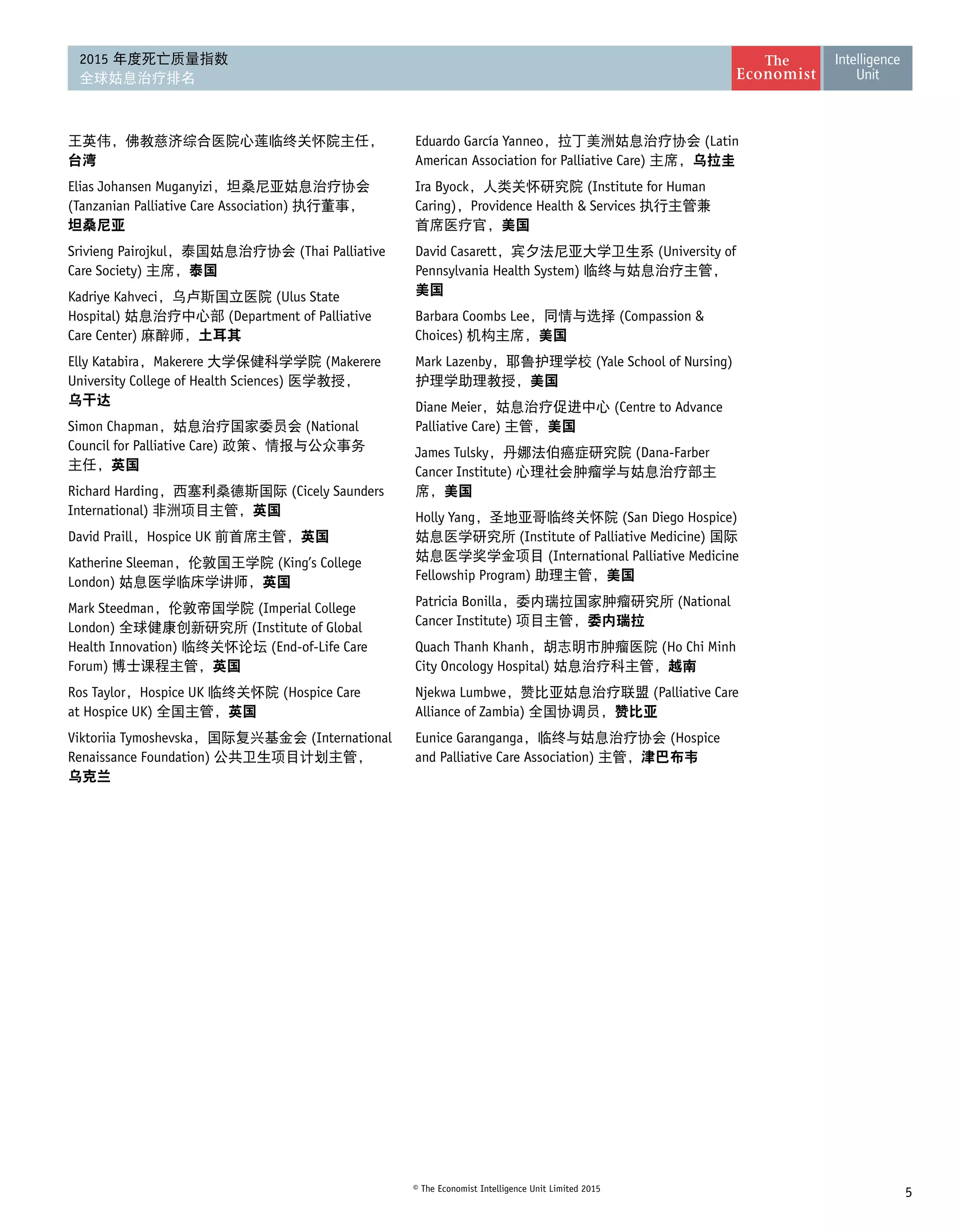 5© The Economist Intelligence Unit Limited 2015
2015 年度死亡质量指数
全球姑息治疗排名
王英伟，佛教慈济综合医院心莲临终关怀院主任，
台湾
Elias Johansen Muganyizi，坦桑尼亚姑息治疗协会
(Tanzanian Palliative Care Association) 执行董事， 
坦桑尼亚
Srivieng Pairojkul，泰国姑息治疗协会 (Thai Palliative
Care Society) 主席，泰国
Kadriye Kahveci，乌卢斯国立医院 (Ulus State
Hospital) 姑息治疗中心部 (Department of Palliative
Care Center) 麻醉师，土耳其
Elly Katabira，Makerere 大学保健科学学院 (Makerere
University College of Health Sciences) 医学教授， 
乌干达
Simon Chapman，姑息治疗国家委员会 (National
Council for Palliative Care) 政策、情报与公众事务 
主任，英国
Richard Harding，西塞利桑德斯国际 (Cicely Saunders
International) 非洲项目主管，英国
David Praill，Hospice UK 前首席主管，英国
Katherine Sleeman，伦敦国王学院 (King’s College
London) 姑息医学临床学讲师，英国
Mark Steedman，伦敦帝国学院 (Imperial College
London) 全球健康创新研究所 (Institute of Global
Health Innovation) 临终关怀论坛 (End-of-Life Care
Forum) 博士课程主管，英国
Ros Taylor，Hospice UK 临终关怀院 (Hospice Care
at Hospice UK) 全国主管，英国
Viktoriia Tymoshevska，国际复兴基金会 (International
Renaissance Foundation) 公共卫生项目计划主管， 
乌克兰
Eduardo García Yanneo，拉丁美洲姑息治疗协会 (Latin
American Association for Palliative Care) 主席，乌拉圭
Ira Byock，人类关怀研究院 (Institute for Human
Caring)，Providence Health  Services 执行主管兼 
首席医疗官，美国
David Casarett，宾夕法尼亚大学卫生系 (University of
Pennsylvania Health System) 临终与姑息治疗主管，
美国
Barbara Coombs Lee，同情与选择 (Compassion 
Choices) 机构主席，美国
Mark Lazenby，耶鲁护理学校 (Yale School of Nursing)
护理学助理教授，美国
Diane Meier，姑息治疗促进中心 (Centre to Advance
Palliative Care) 主管，美国
James Tulsky，丹娜法伯癌症研究院 (Dana-Farber
Cancer Institute) 心理社会肿瘤学与姑息治疗部主
席，美国
Holly Yang，圣地亚哥临终关怀院 (San Diego Hospice)
姑息医学研究所 (Institute of Palliative Medicine) 国际
姑息医学奖学金项目 (International Palliative Medicine
Fellowship Program) 助理主管，美国
Patricia Bonilla，委内瑞拉国家肿瘤研究所 (National
Cancer Institute) 项目主管，委内瑞拉
Quach Thanh Khanh，胡志明市肿瘤医院 (Ho Chi Minh
City Oncology Hospital) 姑息治疗科主管，越南
Njekwa Lumbwe，赞比亚姑息治疗联盟 (Palliative Care
Alliance of Zambia) 全国协调员，赞比亚
Eunice Garanganga，临终与姑息治疗协会 (Hospice
and Palliative Care Association) 主管，津巴布韦
 