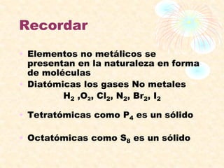 Recordar
• Elementos no metálicos se
presentan en la naturaleza en forma
de moléculas
• Diatómicas los gases No metales
H2 ,O2, Cl2, N2, Br2, I2
• Tetratómicas como P4 es un sólido
• Octatómicas como S8 es un sólido
 