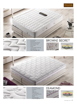 browni secret
diamond
www.regno.com.tr 17
- Örme Kumaş
- Apreli Elyaf
- Kapitone Dolgu Süngeri
- Visco Elastik Sünger
- Plaka Sünger
- Geotex
- 7 Zone’lu Mikro Torba Yay
(440 adet/m )
- Yatak Yüksekliği: 28cm
- Örme Kumaş
- Fermuarlı ve Yıkanabilir
- Apreli Elyaf
- İç Kılıf
- Doğal Latex
- CNC Plaka Sünger
- 7 Zone’lu Mikro Torba Yay
(440 adet / m )
- Geotex
- Soft Plaka Sünger
- Yatak Yüksekliği:26cm
 