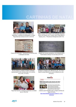 Relatório Anual 2015 18
André (TCP), Daniel (Correios) e Dilson (JCI).
Segurando o certificado de participação no Projeto
Papai Noel dos Correios em 2014. (14/10/15)
Hellen e André (TCP); Wilhem (JCI); Elizângela (Rotaract);
Dilson (JCI); Renan (JVL); Luciana, Sara e Suely (Ilece) e
Kawany (JVL). 1ª Reunião de Planejamento (06/11/15)
Cupons de contribuição – levantamento de recursos para
a realização das festas.
Doação dos recursos excedentes e não utilizados para a
Fraternidade de Aliança Toca de Assis (20/12/15)
Dia de entrega na unidade do Cafezal. Entidades
representadas na foto: Correios, Ilece, JCI Londrina,
JVL e TCP. (11/12/15)
Entrega na unidade da JK. Membros da JVL, JCI, TCP e
Bateria Laranja Mecânica do curso de Medicina da UEL.
(15/12/15)
Papai Noel fazendo a entrega de presentes na unidade
da JK. (15/12/15)
Cobertura pela FolhaWeb sobre o Projeto Cartinhas de
Natal (12/12/15)
http://www.folhaweb.com.br/?id_folha=2-1--1071-
20151212
 