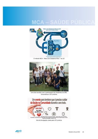 Relatório Anual 2015 20
O método MCA – Marco da Cidadania Ativa – da JCI
Uma das reuniões com a participação dos residentes da UBS,
funcionários e JCI Londrina
Arte de divulgação criada pela JCI Londrina
 