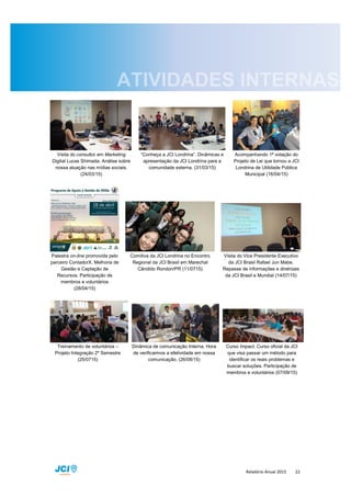 Relatório Anual 2015 22
Visita do consultor em Marketing
Digital Lucas Shimada. Análise sobre
nossa atuação nas mídias sociais.
(24/03/15)
“Conheça a JCI Londrina”. Dinâmicas e
apresentação da JCI Londrina para a
comunidade externa. (31/03/15)
Acompanhando 1ª votação do
Projeto de Lei que tornou a JCI
Londrina de Utilidade Pública
Municipal (16/04/15)
Palestra on-line promovida pelo
parceiro ContadorX. Melhoria de
Gestão e Captação de
Recursos. Participação de
membros e voluntários
(28/04/15)
Comitiva da JCI Londrina no Encontro
Regional da JCI Brasil em Marechal
Cândido Rondon/PR (11/0715)
Visita do Vice Presidente Executivo
da JCI Brasil Rafael Jun Mabe.
Repasse de informações e diretrizes
da JCI Brasil e Mundial (14/07/15)
Treinamento de voluntários –
Projeto Integração 2º Semestre
(25/0715)
Dinâmica de comunicação Interna. Hora
de verificarmos a efetividade em nossa
comunicação. (26/08/15)
Curso Impact. Curso oficial da JCI
que visa passar um método para
identificar os reais problemas e
buscar soluções. Participação de
membros e voluntários (07/09/15)
 