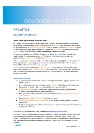 Relatório Anual 2015 5
PROJETOS
ORATÓRIA NAS ESCOLAS
“Minha cidade precisa de mim. Qual o meu papel?”
Há 4 anos a JCI Londrina realiza o projeto Oratória nas Escolas. É um projeto nacional da JCI Brasil e
implementado em várias cidades do país. O projeto consiste de oficinas, onde alunos do 9º ano recebem
um acompanhamento de profissionais e voluntários que os assistem a fazer uma reflexão crítica sobre
um determinado tema, expor suas opiniões em um texto e fazer um discurso empregando técnicas de
oratória. O tema de 2015 foi: Minha cidade precisa de mim, qual o meu papel?
O projeto foi divulgado em nove Colégios Estaduais e na Guarda Mirim de Londrina. No total, foram
disponibilizadas 60 vagas para que alunos do 9º ano destas instituições tivessem uma grande
oportunidade de desenvolvimento e de forma gratuita.
Todos os encontros ocorreram aos sábados de manhã nas dependências do SENAI Londrina. Ao final, 10
alunos representaram suas instituições no Concurso Municipal. Gabriela N. de Carvalho, da Escola
Estadual Monsenhor Josemaria Escrivá foi a campeã.
Gabriela levou o nome de Londrina para o Concurso Regional em Marechal Cândido Rondon (julho
2015) sendo classificada para o Concurso Nacional que ocorreu em Campinas (out. 2015). Pela terceira
vez, a cidade de Londrina contém uma representante em Concursos Nacionais do Projeto Oratória nas
Escolas da JCI Brasil.
Principais Resultados:
 O projeto aconteceu mesmo com a greve no ensino público estadual – e graças à parceria com o
SENAI Londrina;
 O tema foi trabalhado por dois palestrantes em um workshop: Fábio Cavazotti (Presidente do
Observatório de Gestão Pública de Londrina) e Marcelo Frazão (jornalista);
 Workshop de Oratória com a master coach Gislene Isquierdo (Acordar Desenvolvimento
Humano) – evento extremamente elogiado pelos alunos;
 Além dos dois workshops, foram mais quatro oficinas dedicadas à produção de texto e treino
com microfone;
 Cerca de 50 alunos e 40 voluntários envolvidos no projeto;
 10 alunos finalistas no Concurso Municipal, os três primeiros lugares ganharam cursos no
Instituto CDI;
 A JCI Londrina, pela terceira vez em quatro anos, levou sua representante ao Concurso Regional
e ao Concurso Nacional.
Coordenação: Alexandre Shozo Koga Takaoka (alexandre.takaoka@yahoo.com.br)
Parceiros: Acordar Desenvolvimento Humano; Atual Bonés, Colégios Albino Feijó Sanches, Ana Molina
Garcia, Monsenhor Josemaría Escrivá, Marcelino Champagnat, Vicente Rijo e Willie Davids; Criart
Troféus, Departamento do Curso de Letras da UEL; Fábio Cavazotti; Guarda Mirim de Londrina; Instituto
CDI; Marcelo Frazão; Núcleo Regional de Educação; Rotary Londrina Sul; SENAI Londrina, SESCAP
Londrina.
 