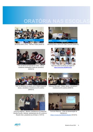 Relatório Anual 2015 6
Workshop sobre o tema – Marcelo Frazão (25/04/15) Workshop sobre o tema com Fábio Cavazotti (25/04/15)
Foto de Oficina de Produção de Texto – Alunos
recebendo orientações e ajuda de voluntários
(02/05/15)
Veja mais sobre as oficinas do projeto em:
https://youtu.be/-JW2MPhyVQU
Foto do Workshop de oratória com a Gislene Isquierdo
alunos, voluntários e membros da JCI Londrina
(09/05/15)
Concurso Municipal – Plateia, alunos, voluntários e
membros da JCI Londrina (20/06/15)
Concurso Regional – Mariana, presidente da JCI Marechal
Cândido Rondon; Gabriela, representante da JCI Londrina e
Ricardo Chen, presidente da JCI Brasil. (11/07/15)
Concurso Nacional – Vídeo da Apresentação de
Gabriela em:
https://youtu.be/N90h9m6GcEA (10/10/15)
 