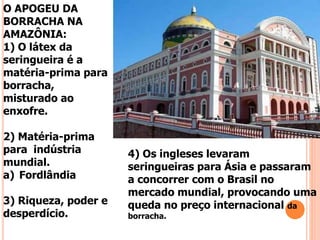 O APOGEU DA
BORRACHA NA
AMAZÔNIA:
1) O látex da
seringueira é a
matéria-prima para
borracha,
misturado ao
enxofre.
2) Matéria-prima
para indústria
mundial.
a) Fordlândia
3) Riqueza, poder e
desperdício.
4) Os ingleses levaram
seringueiras para Ásia e passaram
a concorrer com o Brasil no
mercado mundial, provocando uma
queda no preço internacional da
borracha.
 