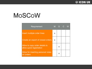 UKLUG 2012 – Cardiff, Wales
MOSCOW
Requirement M S C W
Insert multiple order lines x
Create an export of closed orders x
A...