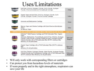 Uses/Limitations
• Will only work with corresponding filters or cartridges
• Can protect you from hazardous levels of materials
• If worn properly and in the right atmosphere, respirators can
save your life
 