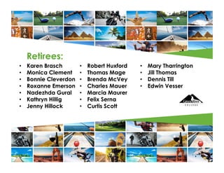 Retirees:
•  Karen Brasch
•  Monica Clement
•  Bonnie Cleverdon
•  Roxanne Emerson
•  Nadezhda Gural
•  Kathryn Hillig
•  Jenny Hillock
•  Robert Huxford
•  Thomas Mage
•  Brenda McVey
•  Charles Mauer
•  Marcia Maurer
•  Felix Serna
•  Curtis Scott
•  Mary Tharrington
•  Jill Thomas
•  Dennis Till
•  Edwin Vesser
 