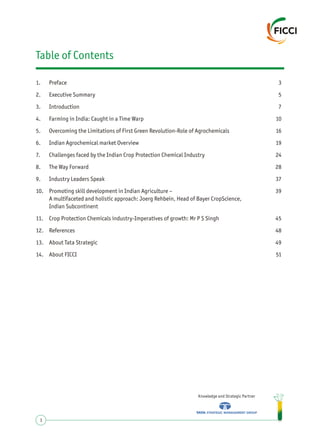 1. Preface 3
2. Executive Summary 5
3. Introduction 7
4. Farming in India: Caught in a Time Warp 10
5. Overcoming the Limitations of First Green Revolution-Role of Agrochemicals 16
6. Indian Agrochemical market Overview 19
7. Challenges faced by the Indian Crop Protection Chemical Industry 24
8. The Way Forward 28
9. Industry Leaders Speak 37
10. Promoting skill development in Indian Agriculture – 39
A multifaceted and holistic approach: Joerg Rehbein, Head of Bayer CropScience,
Indian Subcontinent
11. Crop Protection Chemicals industry-Imperatives of growth: Mr P S Singh 45
12. References 48
13. About Tata Strategic 49
14. About FICCI 51
Table of Contents
Knowledge and Strategic Partner
1
 