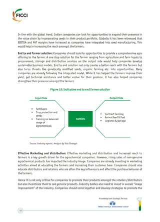 In line with the global trend, Indian companies can look for opportunities to expand their presence in
the value chain by incorporating seeds in their product portfolio. Globally it has been witnessed that
EBITDA and PAT margins have increased as companies have integrated into seed manufacturing. This
would help in increasing the reach amongst the farmers.
End to end farmer solution: Companies should look for opportunities to provide a comprehensive agro
offering to the farmer. A one stop solution for the farmer ranging from agriculture and farm inputs to
procurement, storage and distribution services on the output side would help companies develop
sustainable business models. End to end solution not only creates a better reach with the farmers but
also turns threats like genetically modified seeds, organic farming etc. into opportunities. Many
companies are already following the integrated model. While it has helped the farmers improve their
yield, get technical assistance and better vazlue for their produce, it has also helped companies
strengthen their presence amongst the farmers.
Knowledge and Strategic Partner
32
Figure 18: Indicative end to end farmer solution
Source: Industry reports, Analysis by Tata Strategic
Effective Marketing and distribution: Effective marketing and distribution and increased reach to
farmers is a key growth driver for the agrochemical companies. However, rising sales of non-genuine
agrochemical products has impacted the industry image. Companies are already investing in marketing
activities aimed at educating the farmers and increasing their customer base. Companies should also
educate distributors and retailers who are often the key influencers and affect the purchase behavior of
the farmers.
Hence it is not only critical for companies to promote their products amongst the retailers/distributors
but also incentivize them to sell genuine products. Industry bodies also need to invest in overall “image
improvement” of the industry. Companies should come together and develop strategies to promote the
Input Side
Farmers
Output Side
• Fertilizers
• Crop protection and
seeds
• Training on balanced
usage of
agrochemicals
• Contract Farming
• Animal feed & Fuel
• Logistics & Storage
 