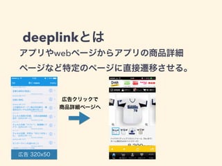 deeplinkとは 
アプリやwebページからアプリの商品詳細 
ページなど特定のページに直接遷移させる。 
広告 320x50 
広告クリックで 
商品詳細ページへ 
 
