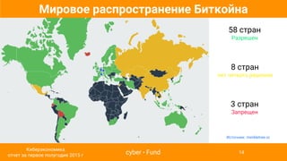 58 стран
Разрешен
Источник: merkletree.io
8 стран
нет четкого решения
3 стран
Запрещен
Мировое распространение Биткойна
cyber • Fund
Киберэкономика
отчет за первое полугодие 2015 г
14
 