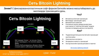 Сеть Bitcoin Lightning
Зачем? С фиксированнопластичным софт-форком Биткойн можно масштабировать до
миллиарда транзакций в день.
Как?
➔ Подавляющее большинство биткойн-транзакций
вне блокчейна
➔ Комплексные контракты
➔ Исправлена ковкость транзакций
➔ Контур Блокчейн-транзакций вместо пакетов
Что?
➔ Мгновенные биткойн-транзакции
➔ Миллиарды транзакций в день
➔ Минимальные комиссии
➔ Платежные каналы между множеством
участников по “multi-hop and spoke” модели
(похоже на передачу данных в интернете)
Источник: lightning.network
cyber • Fund
Киберэкономика
отчет за первое полугодие 2015 г
21
Сеть Bitcoin Lightning
Боб Кэрол
Алиса Дейв
Боб передает Алисе R на три дня. Алиса
может подтвердить, что послала средства
Дейву.
Алиса и Боб договорились обновить балансы
в канале вместо публикации на блокчейне.
 