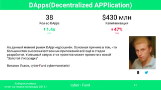 DApps(Decentralized APPlication)
cyber • Fund
Киберэкономика
отчет за первое полугодие 2015 г
41
$430 млн
Капитализация
↡ 47%
спад
38
Кол-во DApps
↟ 1.4x
рост
На данный момент рынок DApp недооценён. Основная причина в том, что
большинство высококачественных приложений всё ещё в стадии
разработки. Успешный запуск этих проектов может привести в новой
“Золотой Лихорадке”
Виталик Львов, cyber•Fund cybermonetаrist
 