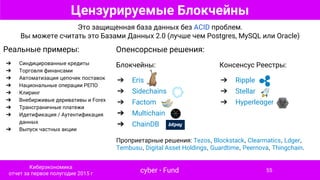 Опенсорсные решения:
Блокчейны: Консенсус Реестры:
➔ Eris
➔ Sidechains
➔ Factom
➔ Multichain
➔ ChainDB
➔ Ripple
➔ Stellar
➔ Hyperledger
Цензурируемые Блокчейны
Реальные примеры:
➔ Синдицированные кредиты
➔ Торговля финансами
➔ Автоматизация цепочек поставок
➔ Национальные операции РЕПО
➔ Клиринг
➔ Внебирживые деривативы и Forex
➔ Трансграничные платежи
➔ Идетификация / Аутентификация
данных
➔ Выпуск частных акции
Это защищенная база данных без ACID проблем.
Вы можете считать это Базами Данных 2.0 (лучше чем Postgres, MySQL или Oracle)
Проприетарные решения: Tezos, Blockstack, Clearmatics, Ldger,
Tembusu, Digital Asset Holdings, Guardtime, Peernova, Thingchain.
cyber • Fund
Киберэкономика
отчет за первое полугодие 2015 г
55
 