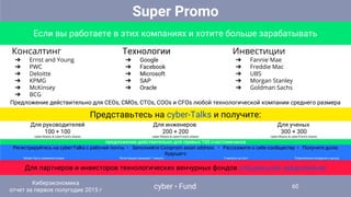Консалтинг
➔ Ernst and Young
➔ PWC
➔ Deloitte
➔ KPMG
➔ McKinsey
➔ BCG
Технологии
➔ Google
➔ Facebook
➔ Microsoft
➔ SAP
➔ Oracle
Инвестиции
➔ Fannie Mae
➔ Freddie Mac
➔ UBS
➔ Morgan Stanley
➔ Goldman Sachs
Предложение действительно для CEOs, CMOs, CTOs, COOs и CFOs любой технологической компании среднего размера
Для партнеров и инвесторов технологических венчурных фондов специальное предложение
Представьтесь на cyber•Talks и получите:
Если вы работаете в этих компаниях и хотите больше зарабатывать
Регистрируйтесь на cyber•Talks с рабочей почты • Заполняйте Coinprism asset address • Расскажите о себе сообществу • Получите долю
будущего
Может быть изменена позже Регистрация занимает 1 минуту 3 минуты на пост Пожизненное владение и доход
100 + 100
cyber•Shares & cyber•Fund’s shares
300 + 300
cyber•Shares & cyber•Fund’s shares
Для руководителей Для инженеров Для ученых
200 + 200
cyber•Shares & cyber•Fund’s shares
предложение действительно для превых 100 счастливчиков
Super Promo
cyber • Fund
Киберэкономика
отчет за первое полугодие 2015 г
60
 