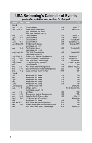 8
USA Swimming’s Calendar of Events
(calendar tentative and subject to change)
	Month	Date	 Event	 City
	2015
	 Jan.	 15-17	 Grand Prix Meet	 LCM	 Austin, TX
	 Jan. 23-Feb. 1	 Billiton Aquatic Super Series	 LCM	 Perth, AUS
			 (pool swim dates: Jan. 30-31;
			 open water swim date: Feb. 1)
	 Feb.	 12-14	 Grand Prix Meet	 LCM	 Orlando, FL
	 April	 15-18	 Grand Prix Meet	 LCM	 Mesa, AZ
	 May	 14-17	 Grand Prix Meet	 LCM	 Charlotte, NC
	 June	 18-21	 Grand Prix Meet	 LCM	 Santa Clara, CA
	 June 29-July 12	 World University Games	 LCM	 Gwangju, KOR
			 (swim dates: July 4-11)
	 July	 10-26	 Pan American Games	 LCM	 Toronto, CAN
			 (swim dates: July 14-18)
	 July 21-Aug. 10	 FINA World Championships	 LCM	 Kazan, RUS
			 (swim dates: August 2-9)
	 July 30-Aug. 3	 Speedo Junior National Championships	 LCM	 San Antonio, TX
	 Aug.	 6-10	 Phillips 66 National Championships	 LCM	 San Antonio, TX
	 Aug.	 TBD	 FINA World Youth Championships	 LCM	 SINGAPORE
	 Sept. 27-Oct. 4	 U.S. Aquatic Sports Convention		 Kansas City, MO
	 Nov.		 Grand Prix Meet	 LCM	 TBD
	 Dec. 	 2-5	 ATT Winter National Championships	 LCM	 Federal Way, WA
	 Dec.	 9-12	 Speedo Winter Junior National Championships	 SCY	 TBD
	 Dec.	 11-12	 Mutual of Omaha Duel in the Pool	 SCM	 TBD
	2016
	 Jan.		 Arena Grand Prix Series	 LCM	 TBD
	 Feb.		 Arena Grand Prix Series	 LCM	 TBD
	 April		 Arena Grand Prix Series	 LCM	 TBD
	 May		 Arena Grand Prix Series	 LCM	 TBD
	 June		 Arena Grand Prix Series	 LCM	 TBD
	 June 26-July 3	 U.S. Olympic Team Trials		 Omaha, NE
	 Aug.	 5-21	 Olympic Games		 Rio de Janeiro, BRA
			 (swim dates: August 6-13)
	 Aug.	 2-6	 U.S. Open	 LCM	 TBD
	 Aug.	 9-13	 Speedo Junior National Championships	 LCM	 TBD
	 Aug.	 24-28	 Junior Pan Pacific Championships	 LCM	 Kihei, HI
	 Sept.	 18-25	 U.S. Aquatic Sports Convention		 Atlanta, GA
	 Nov.		 Arena Grand Prix Series	 LCM	 TBD
	 Nov. 30-Dec. 3	 ATT Winter National Championships	 SCY	 TBD
	 Dec.	 7-10	 Speedo Winter Junior National Championships	 SCY	 TBD
	 Dec.		 FINA Short Course World Championships	 SCM	 Ontario, CAN
 