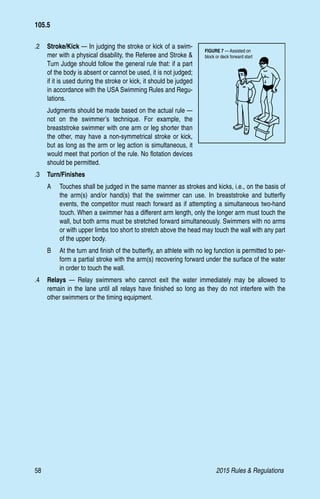 58	 2015 Rules  Regulations
.2 	 Stroke/Kick — In judging the stroke or kick of a swim-
mer with a physical disability, the Referee and Stroke 
Turn Judge should follow the general rule that: if a part
of the body is absent or cannot be used, it is not judged;
if it is used during the stroke or kick, it should be judged
in accordance with the USA Swimming Rules and Regu-
lations.
Judgments should be made based on the actual rule —
not on the swimmer’s technique. For example, the
breaststroke swimmer with one arm or leg shorter than
the other, may have a non-symmetrical stroke or kick,
but as long as the arm or leg action is simultaneous, it
would meet that portion of the rule. No flotation devices
should be permitted.
.3 	 Turn/Finishes
A	 Touches shall be judged in the same manner as strokes and kicks, i.e., on the basis of
the arm(s) and/or hand(s) that the swimmer can use. In breaststroke and butterfly
events, the competitor must reach forward as if attempting a simultaneous two-hand
touch. When a swimmer has a different arm length, only the longer arm must touch the
wall, but both arms must be stretched forward simultaneously. Swimmers with no arms
or with upper limbs too short to stretch above the head may touch the wall with any part
of the upper body.
B	 At the turn and finish of the butterfly, an athlete with no leg function is permitted to per-
form a partial stroke with the arm(s) recovering forward under the surface of the water
in order to touch the wall.
.4 	 Relays — Relay swimmers who cannot exit the water immediately may be allowed to
remain in the lane until all relays have finished so long as they do not interfere with the
other swimmers or the timing equipment.
105.5
FIGURE 7 — Assisted on
block or deck forward start
 