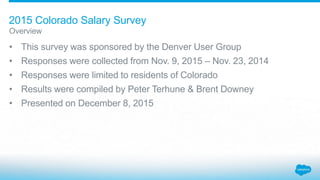 • This survey was sponsored by the Denver User Group
• Responses were collected from Nov. 9, 2015 – Nov. 23, 2014
• Respon...