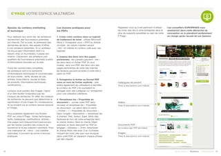 Rappelez-vous qu’il est pertinent d’utiliser
les mots clés liés à votre entreprise dans le
plus de supports possibles au sein de votre
E*Page.
Les conseillers EUROPAGES vous
assisteront dans cette démarche de
conception ou la prendront entièrement
en charge après recueil de vos besoins.
Ajoutez du contenu marketing
et technique
Pour élaborer leur short-list, les acheteurs
recherchent des fournisseurs potentiels
sur internet. Par la suite, ils adressent des
demandes de devis, des appels d’offres
à ces vendeurs potentiels. Si un acheteur
ne trouve pas l’information dont il a
besoin chez un fournisseur, il passe son
chemin. Clairement, les acheteurs pré-
qualifient les fournisseurs potentiels à partir
d’informations trouvées sur le web.
Outre les coordonnées complètes,
les acheteurs sont à la recherche
d’informations techniques et commerciales
de tous ordres : tarifs, études de cas,
articles, livres blancs, revues et tests
de produits, informations techniques,
certifications, ...
Lorsque vous publiez des images, l’ajout
d’un titre facilite l’indexation par les
moteurs de recherche. En effet, les moteurs
de recherche ne peuvent pas déterminer la
signification d’une image. En conséquence,
ils se fondent sur le contenu textuel associé
à l’image.
Vous publierez également vos fichiers
PDF sur votre E*Page : fiches techniques,
tarifs, catalogues, certifications, articles…
Ces pages sont fréquemment parcourues
par les robots crawlers des moteurs de
recherche et ils les indexent volontiers. Pour
une indexation et – donc - une visibilité
optimales, il convient de suivre 4 bonnes
pratiques.
Les bonnes pratiques pour
les PDFs
1. Créez votre contenu dans un logiciel
de traitement de texte : utilisez Microsoft
Word (« Enregistrer sous » PDF) ou Adobe
Acrobat : les robots crawlers savent
« lire » et indexer le contenu créé avec ces
logiciels.
2. Insérez des liens vers des pages
pertinentes : les crawlers peuvent « lire »
les liens dans un fichier PDF. Si vous
insérez, dans vos PDF, des liens vers des
pages pertinentes de votre site internet,
les lecteurs peuvent accéder à votre site à
partir du PDF.
3. Enregistrez le fichier au format PDF
sous un nom de fichier explicite : cela
aidera également les utilisateurs à identifier
le contenu du PDF s’ils souhaitent le
partager avec des collègues ou l’enregistrer
pour une utilisation ultérieure.
4. Remplissez les « Propriétés du
document » : ouvrez votre PDF dans
Acrobat, et remplissez les « Propriétés
du document » en allant dans le menu
« Fichier » > « Propriétés du document ».
Dans l’onglet « Description », remplissez les
4 champs Titre, Auteur, Sujet, Mots clés.
Saisissez le nom de votre entreprise dans
le champ Auteur. Dans le champ Objet,
saisissez un texte descriptif du PDF en
langage « utilisateur ». Enfin, remplissez
le champ Mots clés avec 3 ou 4 phrases
incluant les mots clés que vous évoquez
dans votre PDF, en séparant chaque phrase
par des virgules.
12 13Soyez trouvé | Solutions | Performance
E*PAGE VOTRE ESPACE MULTIMEDIA
Documents PDF :
Le contenu des PDF est indexé
Vidéos :
Titres & descriptions sont indexés
Images :
Titres & descriptions sont indexés
Catalogues de produit :
Titres & descriptions sont indexés
 