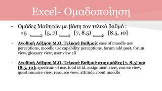 Excel- Ομαδοποίηση
- Ομάδες Μαθητών με βάση τον τελικό βαθμό :
<5 [5, 7) [7, 8.5) [8.5, 10]
- Ανοδική Αύξηση Μ.Ο. Τελικού Βαθμού: ease of moodle use
perceptions, moodle use capability perceptions, forum add post, forum
view, glossary view, user view all
- Ανοδική Αύξηση Μ.Ο. Τελικού Βαθμού στις ομάδες [7, 8.5) και
[8.5, 10]: spectrum of use, total of id, assignment view, course view,
questionnaire view, resource view, attitude about moodle
 
