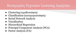 Κατηγορίες Τεχνικών Learning Analytics
● Clustering (ομαδοποίηση)
● Classification (κατηγοριοποίηση)
● Social Network Analysis
● Visualization
● Hierarchical Regression
● Principal Component Analysis (PCA)
● Factor Analysis (FA)
 