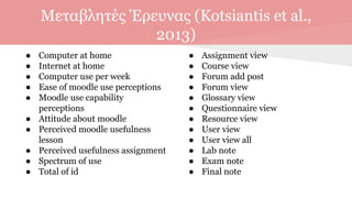 Μεταβλητές Έρευνας (Kotsiantis et al.,
2013)
● Computer at home
● Internet at home
● Computer use per week
● Ease of moodle use perceptions
● Moodle use capability
perceptions
● Attitude about moodle
● Perceived moodle usefulness
lesson
● Perceived usefulness assignment
● Spectrum of use
● Total of id
● Assignment view
● Course view
● Forum add post
● Forum view
● Glossary view
● Questionnaire view
● Resource view
● User view
● User view all
● Lab note
● Exam note
● Final note
 